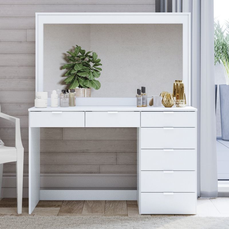 Boahaus Modern Vanity Table, White, 7 Drawers, Wide Mirror - White