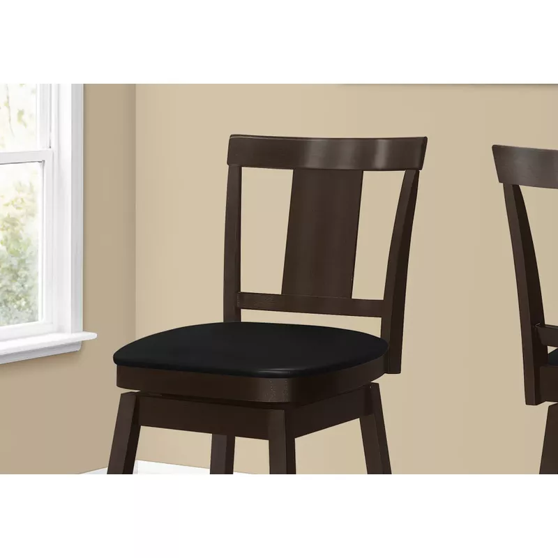 Bar Stool/ Set Of 2/ Swivel/ Bar Height/ Wood/ Pu Leather Look/ Brown/ Black/ Transitional