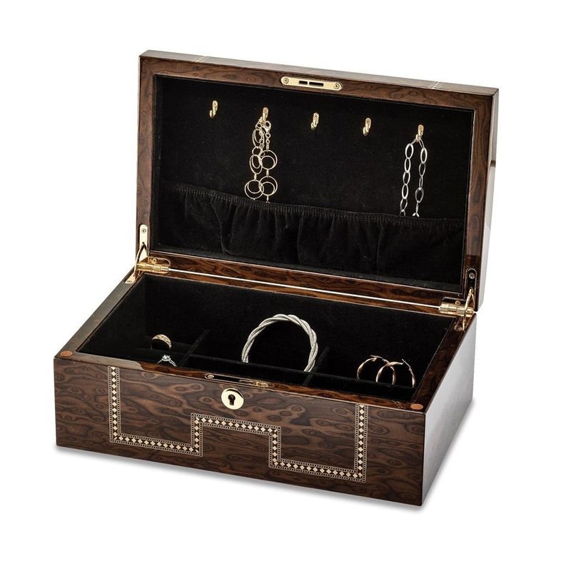 Curata Tiger Eye Veneer W/Scrolled Inlay Locking Wooden Jewelry Chest - Brown