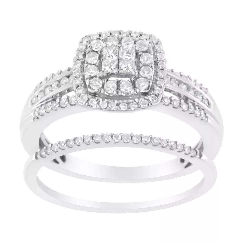 10K White Gold 1/2 cttw Round and Princess-Cut Diamond Engagement Ring and Band Set (H-I Color, I1-I2 Clarity) - Choice of size