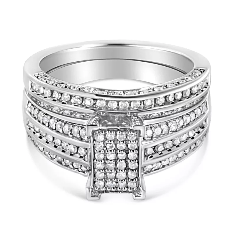 .925 Sterling Silver 3/4 Cttw Prong Set Round Diamond Composite Engagement Ring and Band Set (I-J Color, I3 Clarity) - Choice of size