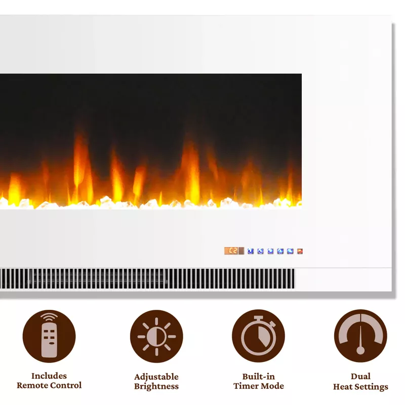 42-In. Wall-Mount Electric Fireplace in White with Multi-Color Flames and Crystal Rock Display