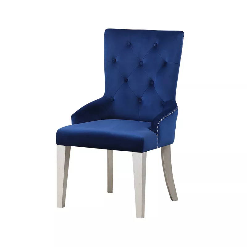 ACME Varian Side Chair (1Pc), Blue Fabric & Antique Platinum