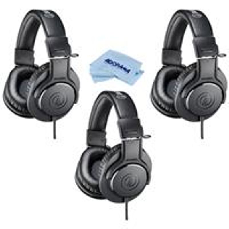 Audio-Technica 3 Pack ATH-M20x Professional Monitor Headphones, 96dB, 15-20kHz, Black - With Microfiber Cloth