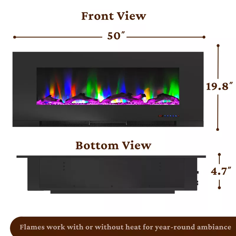 50-In. Wall-Mount Electric Fireplace in Black with Multi-Color Flames and Driftwood Log Display
