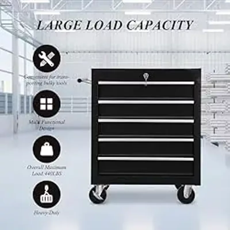 5 Drawer Rolling Tool Box,Locking Tool Chest With Drawers,Tool Cabinets On Wheels for Garage Storage,Warehouse,Workshop,Repair Shop Mechanic Tool Cart Black