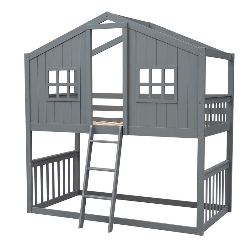 Merax Twin over Twin House Bunk Bed with Ladder - Grey
