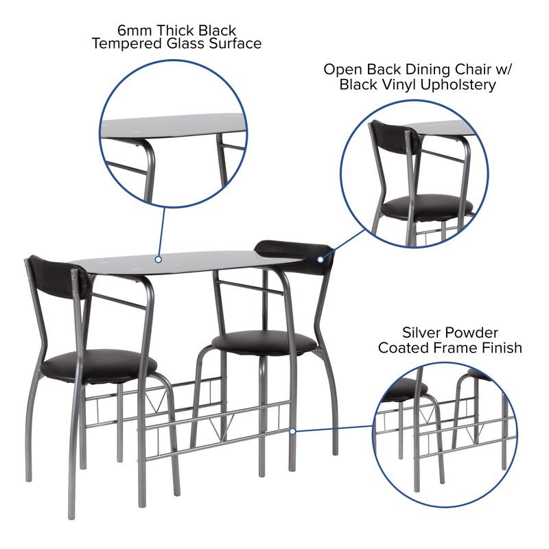 Sutton 3 Piece Space-Saver Bistro Set with Glass Top Table and Vinyl Chairs - Black