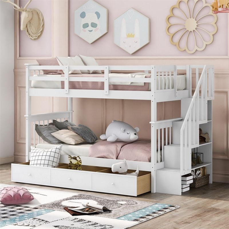 Merax Stairway Twin over Twin Bunk Bed with 3 Drawers - White