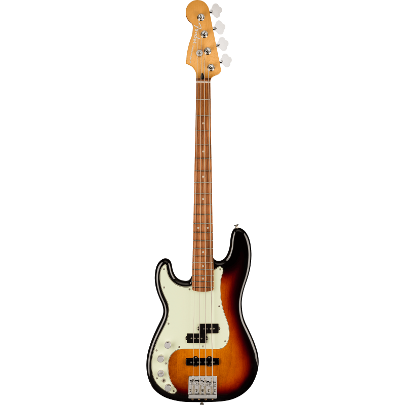 Fender Player Plus Precision Electric Bass. Left-Hand, Pau Ferro Fingerboard, 3-Color Sunburst