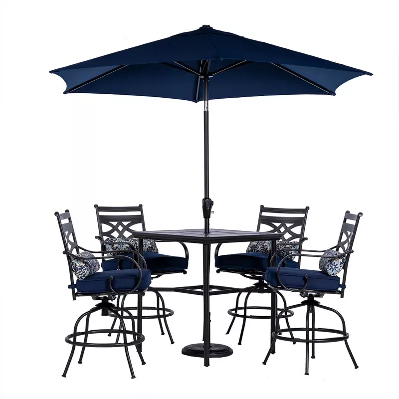 Montclair 5pc High Dining: 4 Swivel Chairs, 33" Square High Table, Umbrella & Base