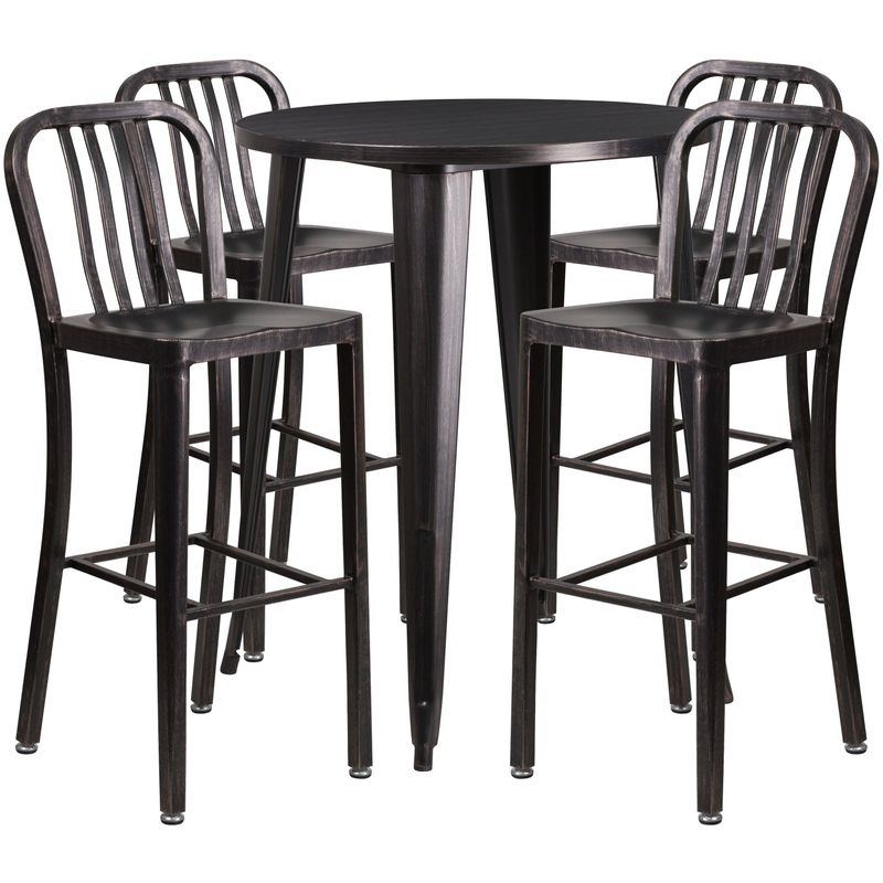 30'' Round Metal Indoor-Outdoor Bar Table Set with 4 Vertical Slat Back Stools - 30"W x 30"D x 41"H - Black-Antique Gold