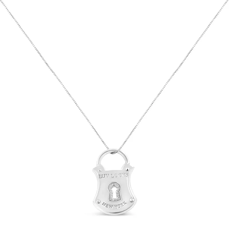 .925 Sterling Silver 1/10 Cttw Diamond Lock Pendant 18" Necklace (H-I Color, I1-I2 Clarity)