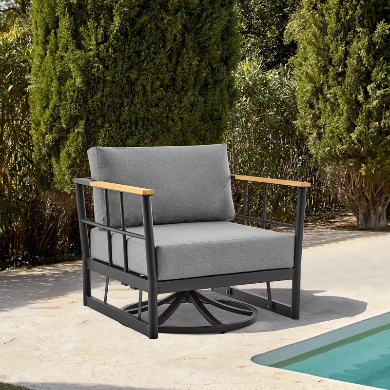 Shari Outdoor Patio Swivel Glider Lounge Chair in Black Aluminum and Teak Wood with Cushions