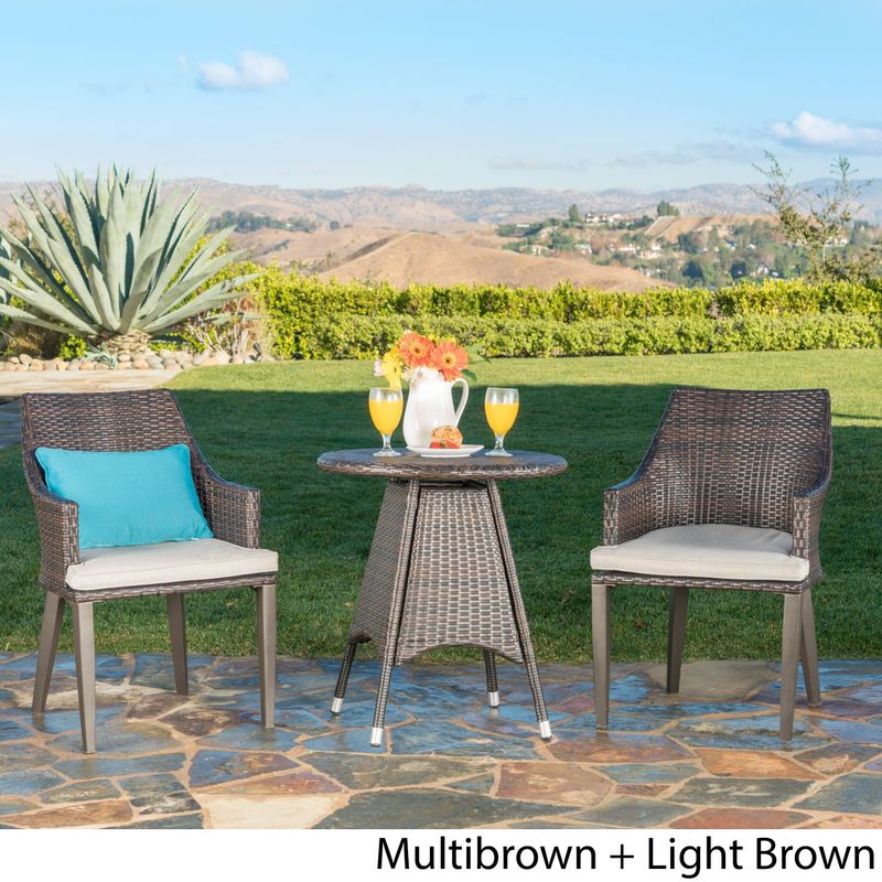 Hillhurst Outdoor 3-Piece Round Wicker Bistro Chat Set with Umbrella Hole & Cushions by Christopher Knight Home - Multibrown + Light...