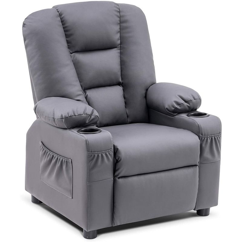 Mcombo Big Kids Recliner Chair with Cup Holders for Toddler Boys and Girls, 2 Side Pockets, 3+ Age Group, Faux Leather 7322 - Grey