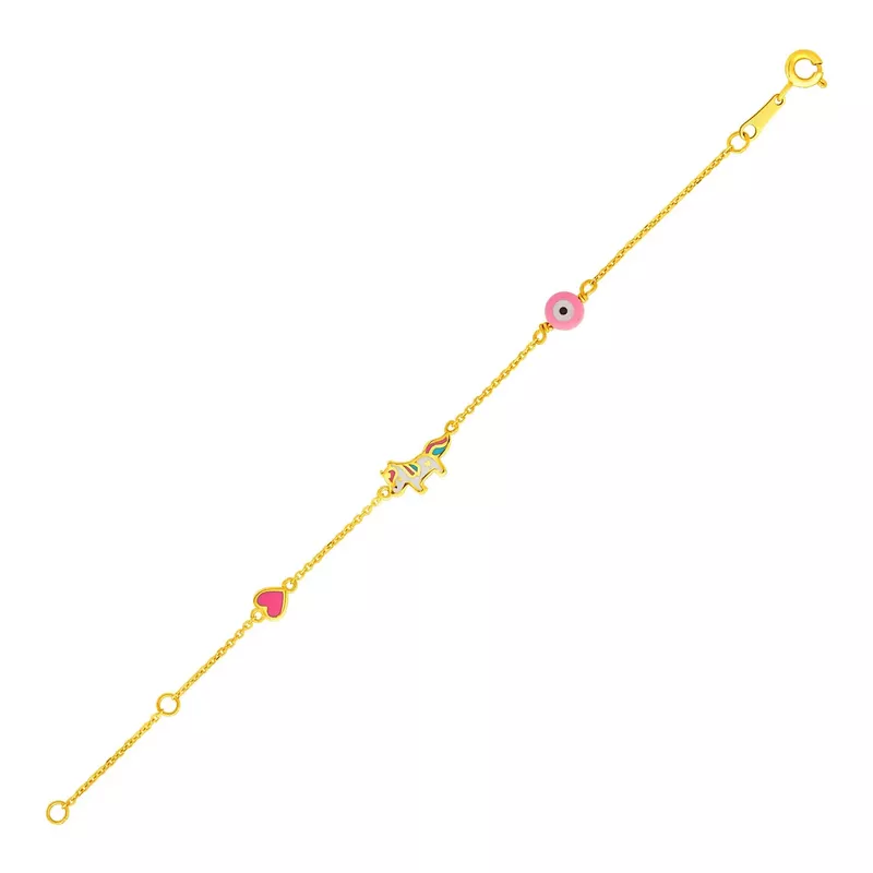 14k Yellow Gold Childrens Bracelet with Enameled Heart Unicorn and Circle (5.5 Inch)