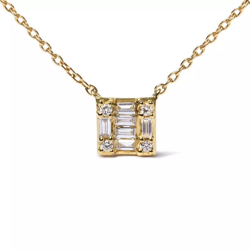 10K Yellow Gold 1/10 Cttw Round and Baguette Diamond Mosaic Square 18" Inch Pendant Necklace (H-I Color, I1-I2 Clarity)