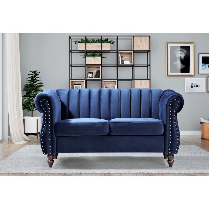 Charlot Velvet Chesterfield Rolled Arm 2-Piece Living Room Set - Dark Blue