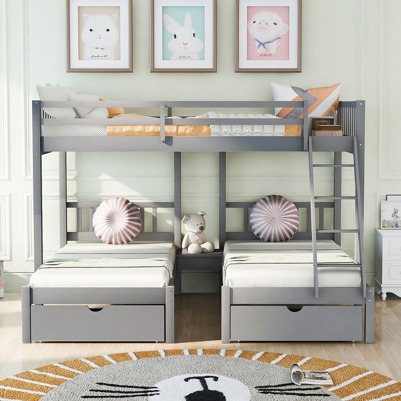 Wood Triple Bunk Bed with Drawers and Guardrails - Grey - Full