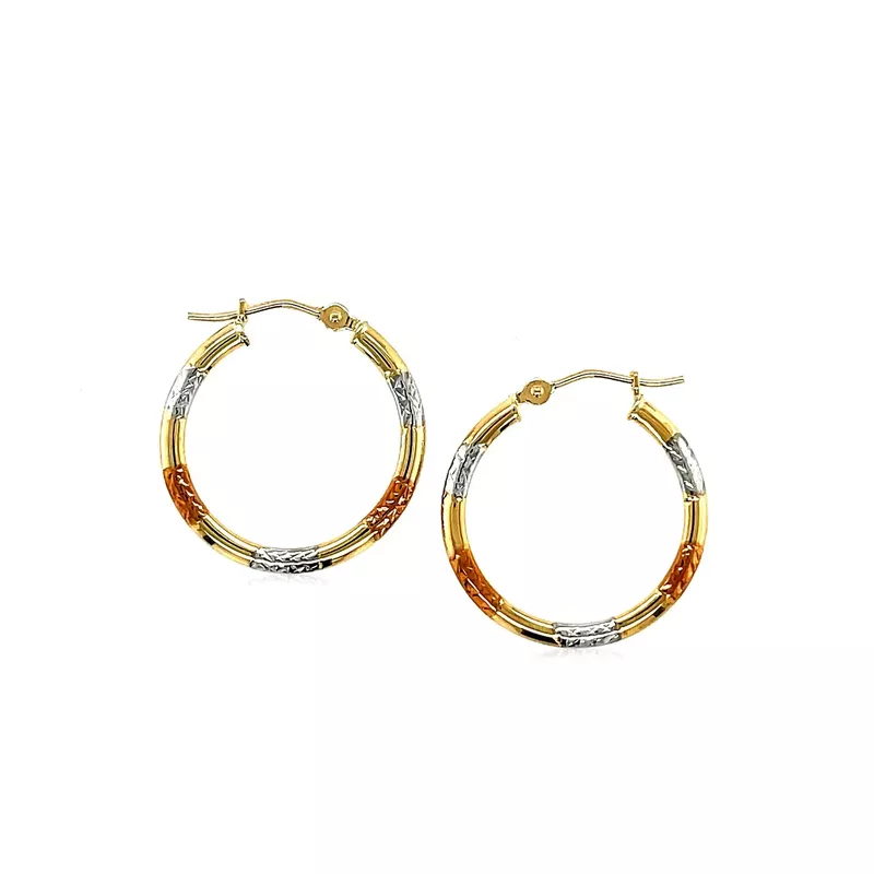 10k Tri Color Gold Classic Hoop Earrings with Diamond Cut Details