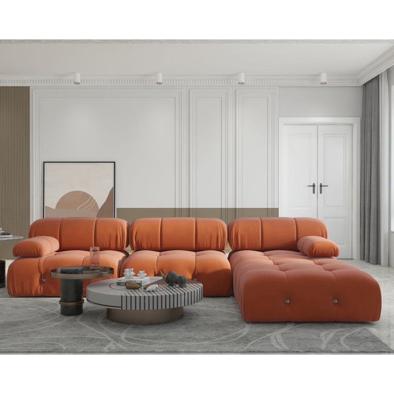 Modern Orange Velvet Upholstered Large Modular Sectional Sofa - Orange