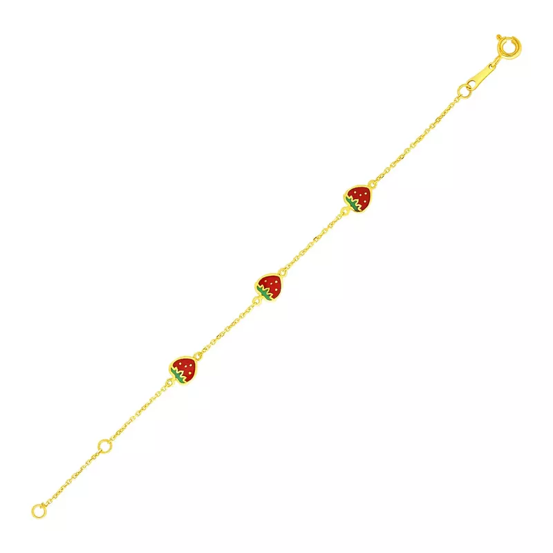 14k Yellow Gold Childrens Bracelet with Enameled Strawberries (5.5 Inch)