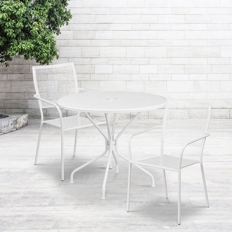 35.25'' Round Indoor-Outdoor Steel Patio Table Set with 2 Square Back Chairs - White