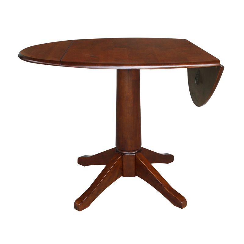 42 in. Round Top Dual Drop Leaf Pedestal Dining Table - Dining Height - Hickory/Washed Coal