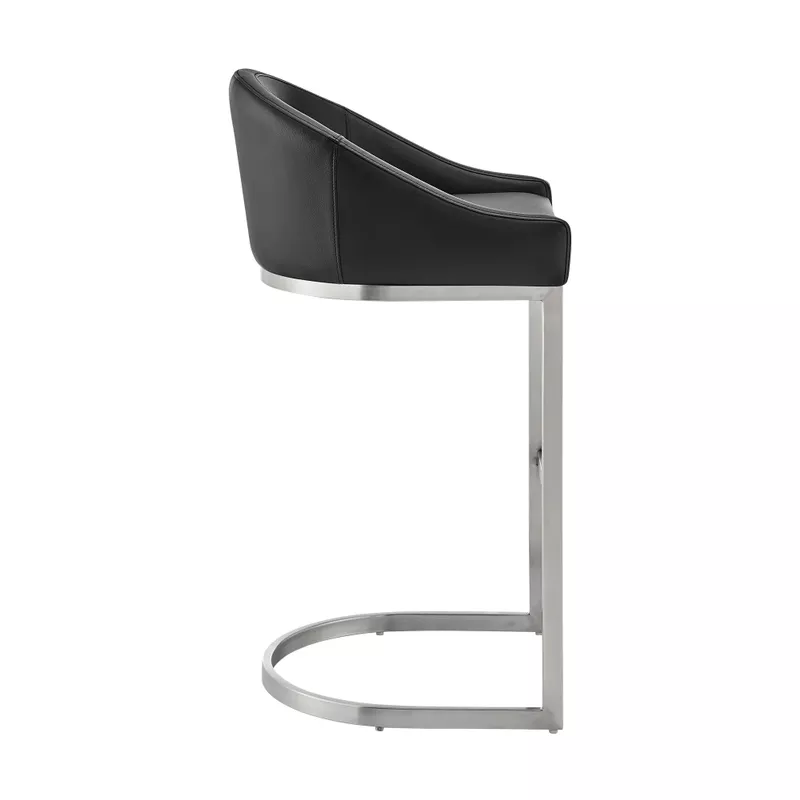 Atherik Bar Stool in Brushed Stainless Steel with Black Faux Leather