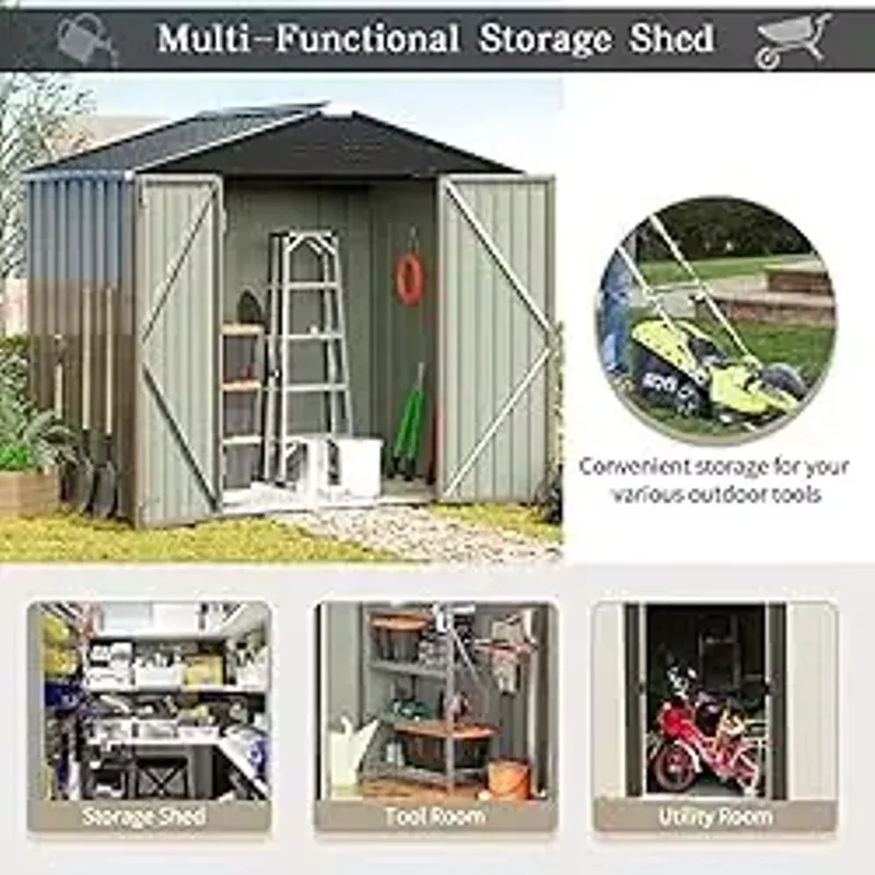 Greesum Metal Outdoor Storage Shed 8FT x 6FT, Steel Utility Tool Shed Storage House with Door & Lock, Metal Sheds Outdoor Storage for Backyard Garden Patio Lawn (8’x 6'), Brown