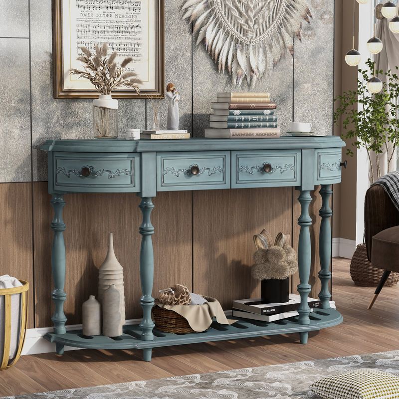 Modern Curved Console Table Entryway Table with 4 Drawers and 1 Shelf - Antique Blue