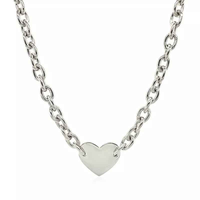 Sterling Silver Rhodium Plated Chain Bracelet with a Flat Heart Motif Station (18 Inch)