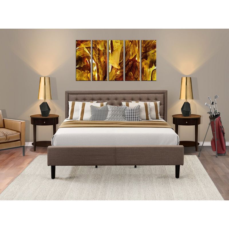 3 Pc Bed Set - Bed Frame with Brown Linen Fabric Padded - Button Tufted Headboard - 2 Wooden Nightstand (Bed Size Options) - KD18K-2HI0M