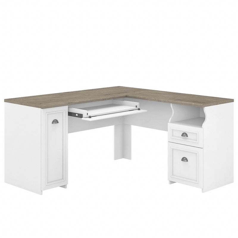 Fairview 60W L Shaped Desk with Drawers and Cabinet by Bush Furniture - Shiplap Gray/Pure White