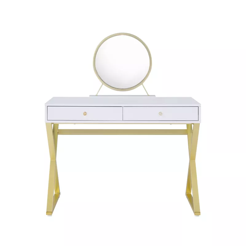 ACME Coleen Vanity Desk w/Mirror & Jewelry Tray, White & Gold Finish