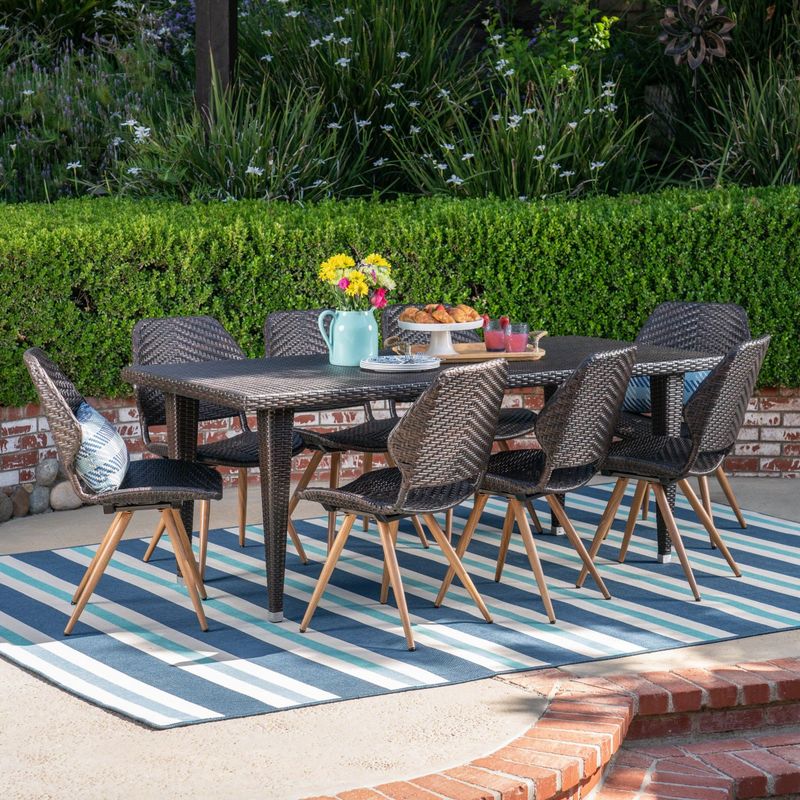 Calayan Outdoor 9 Piece Wicker Dining Set by Christopher Knight Home - Rattan/Iron - multibrown + light brown + light brown
