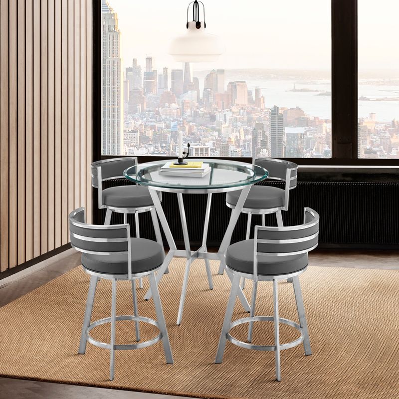 Naomi and Roman Counter Height Dining Set in Grey Faux Leather - 4-Piece Sets - Brushed Stainless Steel & Gray