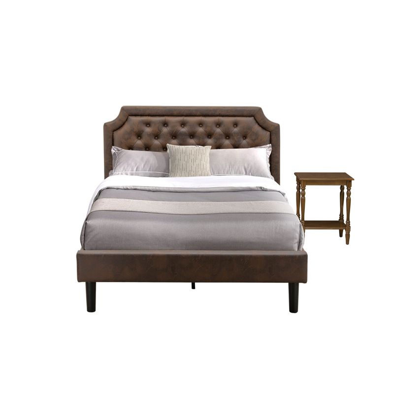 2-Piece Platform Bed Set with Bed Frame and an Antique Walnut End Table - Dark Brown Faux Leather and Black Legs - Full