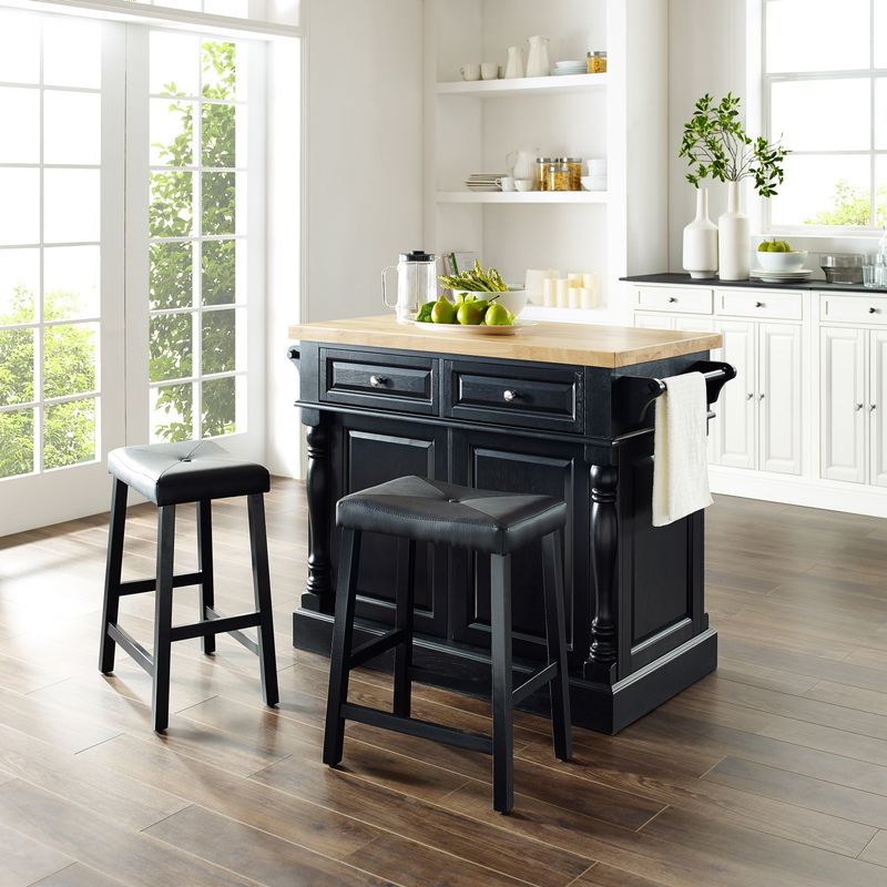Oxford Butcher Block Top Kitchen Island in Black Finish with 24" Black Upholstered Saddle Stools - Stationary - Black - Wood