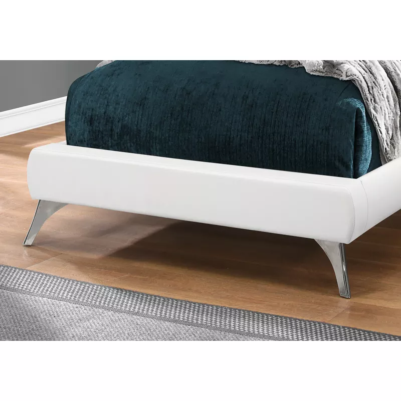Bed/ Twin Size/ Platform/ Teen/ Frame/ Upholstered/ Pu Leather Look/ Metal Legs/ White/ Chrome/ Contemporary/ Modern