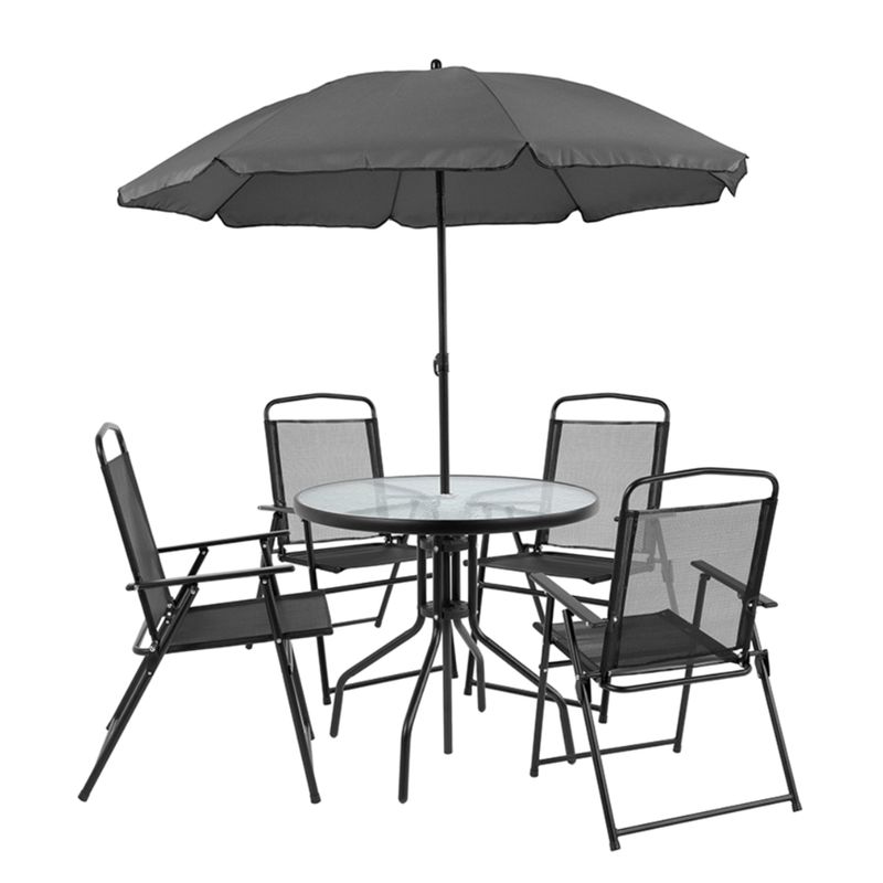 Porthos Home Ivo 6-Piece Patio Dining Set, 1 Table, 4 Chairs, 1 Parasol - Black