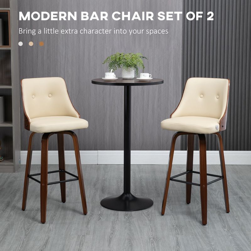 HOMCOM Counter Height Bar Stools Set of 2 PU Leather Swivel Barstools with Footrest and Tufted Back - Beige