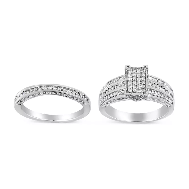 .925 Sterling Silver 3/4 Cttw Prong Set Round Diamond Composite Engagement Ring and Band Set (I-J Color, I3 Clarity) - Size 12