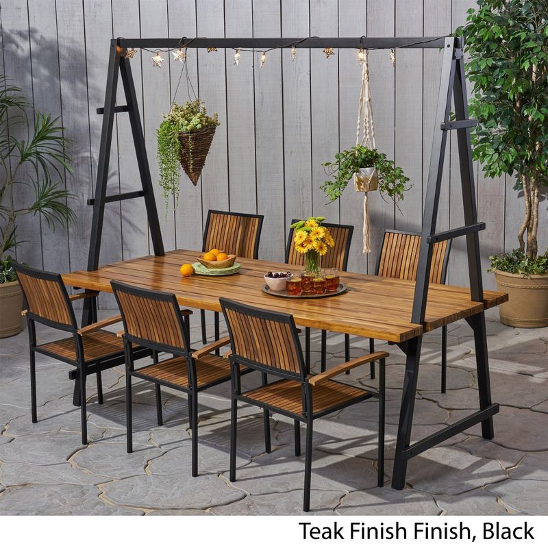 Andrea Outdoor 6 Seater Acacia Wood and Planter Dining Set by Christopher Knight Home - Teak Finish+Black