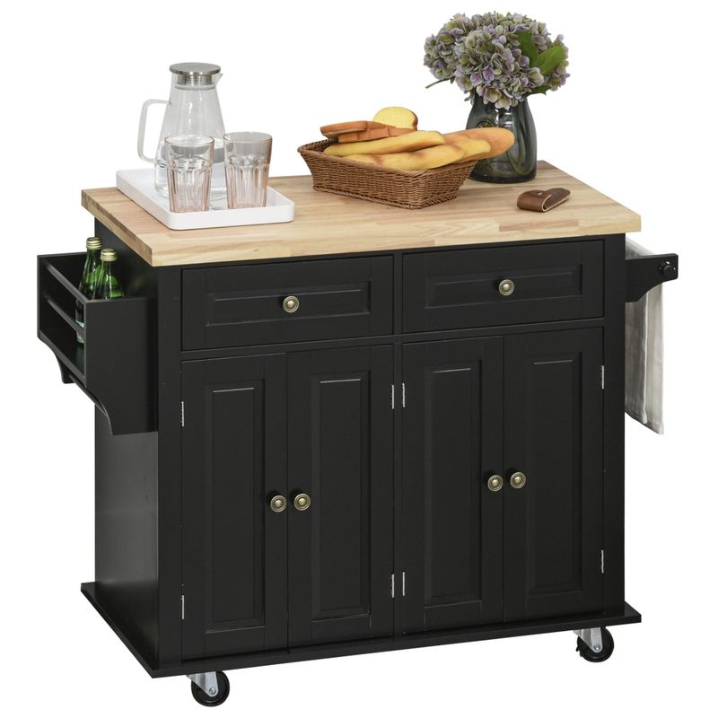 HOMCOM Rolling Kitchen Island Cart with Rubber Wood Top, Spice Rack, Towel Rack & Drawers for Dining Room - Black