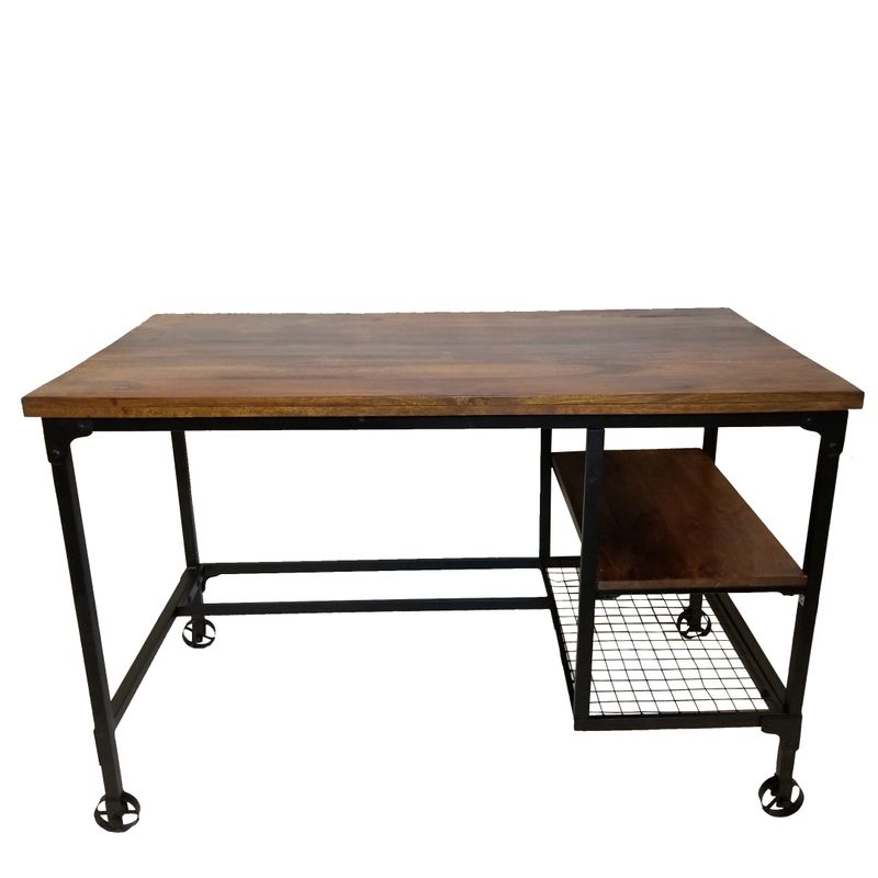 The Urban Port Cori Industrial Design Office Computer Desk With Two Side Shelves, Brown And Antique Black