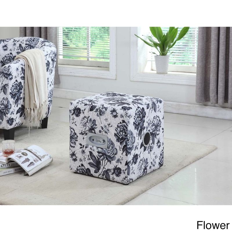 Caitlin Fabric Upholstered Ottoman with Bluetooth Speaker - Grey