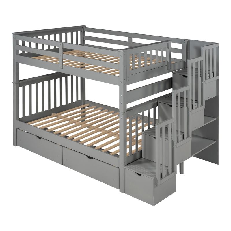 Full Over Full Bunk Bed with Shelves and 6 Storage Drawers - Grey