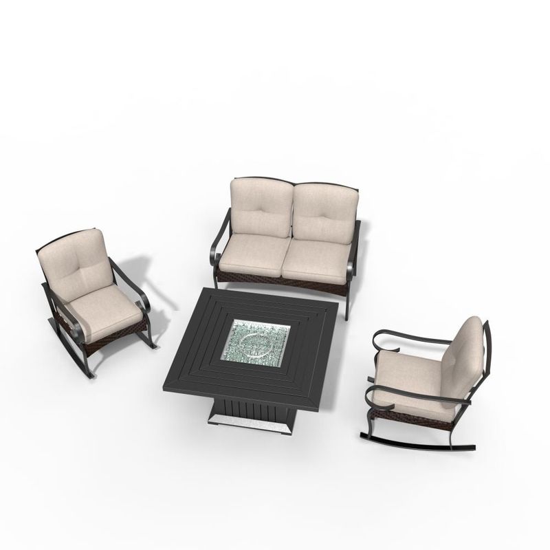 Moda Furnishings Outdoor Square Fire Pit Table Rain Cover Included with Chairs - 4-Piece Sets